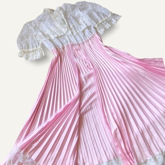 Vintage 70s Pink Satin Lace Peignoir Set Slip Dress & Robe Romantic Edwardian - Picture 9 of 16